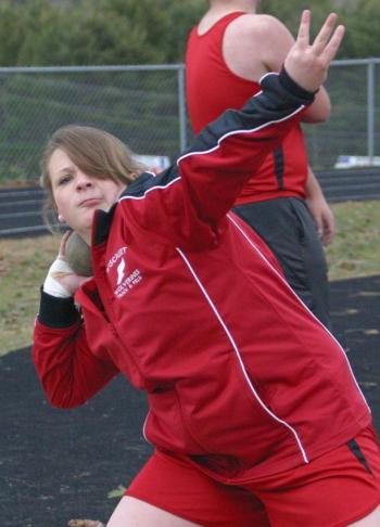 Wiscasset Middle High School sophomore Lily Souza takes part in the first alumni meet, featuring former and current track and field high school athletes from Wiscasset and Boothbay. PHIL DI VECE/Wiscasset Newspaper