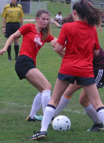 Wiscasset’s Natalie Potter plays in the second period of the July 25 game won by visiting Monmouth Academy. PHIL DI VECE/Wiscasset Newspaper