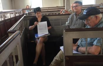 From left, Alna First Selectman Melissa Spinney, Second Selectman Ed Pentaleri and Third Selectman Doug Baston await the start of the special town meeting at the 1789 Alna Meetinghouse. SUSAN JOHNS/Wiscasset Newspaper