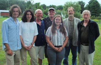 Artists with sculptures on the Sculpture Trail, from left: Sam Betts, Jaclyn Bonzagni, Dick Alden, Dan Ucci, Andreas von Huene, Bill Royall and, in front, Isabel Kelley. LISA KRISTOFF/Boothbay Register