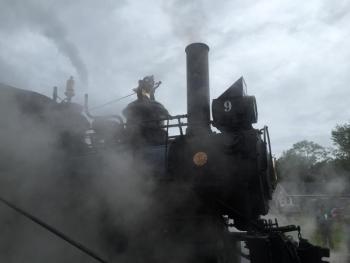 Number 9 lets off some steam Sunday. SUSAN JOHNS/Wiscasset Newspaper