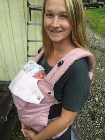 Abby McLennan of Spruce Head with first-time train rider, daughter Nora, 3 weeks. SUSAN JOHNS/Wiscasset Newspaper