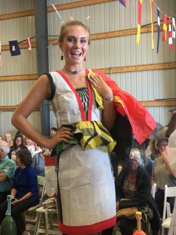 Faith Blethen in the People’s Choice shows off how the bottom ruffle of her gown doubles as a detachable wrap! SARAH MORLEY/Boothbay Register