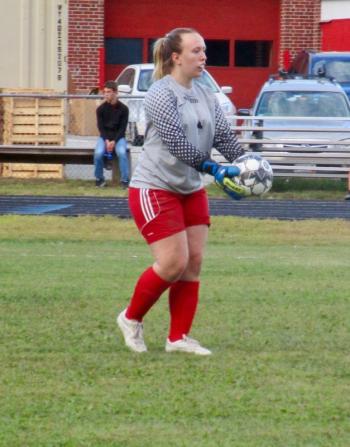 Sydnie Thayer after making one of her 21 stops vs Monmouth. PHIL DI VECE/Wiscasset Newspaper