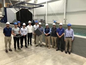 Maine boatbuilders visit the University of Maine Advanced Structures and Composites Center to kick off the formation of a consortium focused on providing 3D printing technology to the boatbuilding industry. From left are Chris Moran of Compounding Solutions; Kohl Shaw of the Advanced Structures and Composites Center; Camerin Seigars of the UMaine Composites Center; Joe Wilson of Compounding Solutions; Nate Thompson of Hodgdon Yachts; James Anderson, UMaine Composites Center senior program manager; Burr Shaw of The Hinckley Company; Kevin Burns of Back Cove/Sabre Yachts; Josh Moore of Lyman-Morse Boatbuilding; Kevin Houghton of Lyman-Morse Boatbuilding; and Habib Dagher, UMaine Composites Center executive director. Photo courtesy of the Advanced Structures and Composites Center
