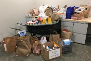 Donations for the Boothbay Region Food Pantry tally: 401 non-perishable food items and $300 cash (not in photo!). Courtesy of Erika Huber Coastal Maine Botanical Gardens