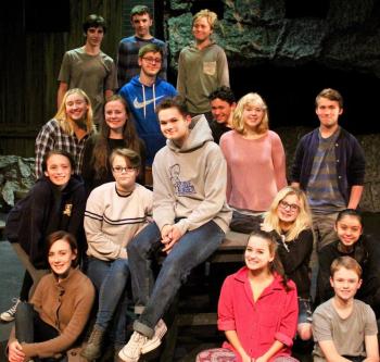 Students in rehearsal for "Man of La Mancha" at the Poe Theater. Pictured from left, front row: Honora Boothby, May Halm, Andrew Lyndaker; second row: Camden LeBel, Rachael Schuster, Jonah Diaute, Marguerita Fairfield and Sonny Cumming; third row: Amelia Carlson, Kayleigh Tolley, Marcus Russano, Emmie Ferrell and Scott Petersen; back row: John Cook (ctr lower), Alex Marin, Brennan Cruz and Vern Smith. Missing from photo are Aiden Jacobs and John Henry Eddyblouin. Courtesy of Joy Braley