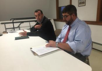Edgecomb School Committee Chair Tom Abello, left, and Edgecomb Eddy School Principal Ira Michaud meet with Alna selectmen Oct. 17. SUSAN JOHNS/Wiscasset Newspaper