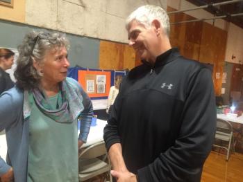 Art teacher Donna Barnes and athletic director Warren Cossette talk before the start of the Oct. 17 event. SUSAN JOHNS/Wiscasset Newspaper