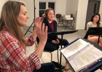 Actors portraying the sisters Magrath - Nannette Fraser, Jennifer True and Christina Belknap rehearsing a scene. Andrew Fenniman photo