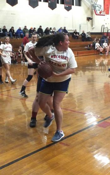 Amanda Auvil comes away with a rebound for the alumni. PHIL DI VECE/Wiscasset Newspaper