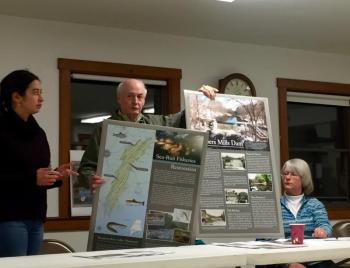 Civil engineer Maranda Nemeth and Atlantic Salmon Federation's Andrew Goode present projects in Alna and elsewhere around the Sheepcot watershed. SUSAN JOHNS/Wiscasset Newspaper