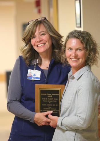 LincolnHealth Director of Emergency and Urgent Care Services Nancy Jackson, RN, MSN,, left, received the Agnes E. Flaherty Leadership Award and Great Salt Bay Community School Nurse and LincolnHealth Nurse Kerri Lilly, RN, BSN, received the Sister Consuela White Spirit of Nursing Award from the Maine chapter of the American Nurses Association. Courtesy of LincolnHealth