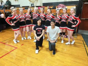 The Wolverines cheering squad, from left, Hannah Pinkham, Maddy Swain, Kayla Cossette, Brooke Thayer, Justine Murphy, Jasmine Rego, Alyssa Small, Chrissy Easter and Kaitlyn Main. Kneeing are Cedrick Loyola and Fitri Aelang. PHIL DI VECE/Wiscasset Newspaper