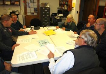 Fire Chief Mike Demers, left, addresses the select board. Also pictured are Allen Greene, Allison Hepler, Jason Shaw, EMS Director Brian Carlton and Chairman David King Sr. PHIL DI VECE/Wiscasset Newspaper