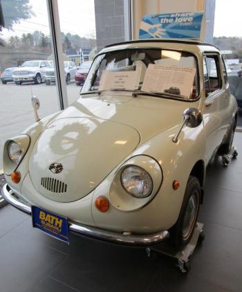 One of the original 1968 Subaru, 2-cylinder coupes can be seen in the newly renovated Bath Subaru showroom on Route 1, Woolwich. PHIL DI VECE/Wiscasset Newspaper