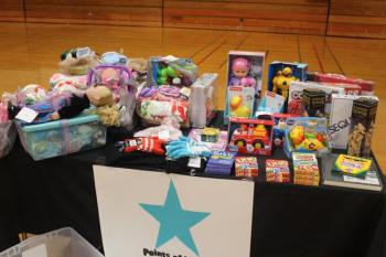 Some of the gifts donated were put on display during the assembly. VANESSA DUNN/Wiscasset Newspaper