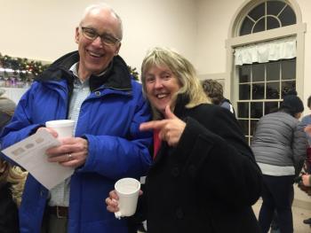 Wiscasset residents Brad Sevaldson and Terri Wells enjoy the post-ceremony gathering in First Congregational Church of Wiscasset’s fellowship hall. SUSAN JOHNS/Wiscasset Newspaper