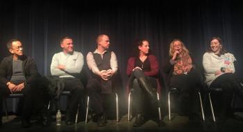 Panel members representing the local recovery collaborative in the Boothbay region, from left: Dr. Aquilino Alamo, Chief Bob Hasch, Daniel Bates, Lisa Carbone, Holly Stover, and Angela Musto at the documentary screening of “Recovery Boys” and participants in the Q&A afterward. LISA KRISTOFF/Boothbay Register