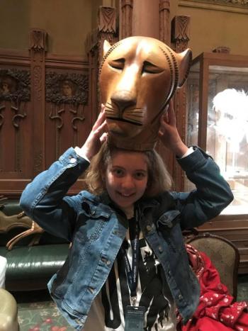 Emma Castonia has the opportunity to try in Sarabi’s mask from the “Lion King” on Broadway, a role which Emma recently portrayed in the recent Y-Arts production of Lion King Jr. Courtesy of Emily Mirabile