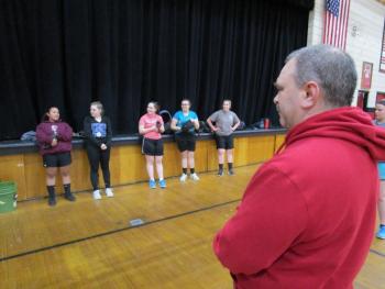 Wolverine Softball Coach Gordon Campbell at a March 19 practice in Stover Auditorium. PHIL DI VECE/Wiscasset Newspaper
