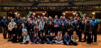 Y-Arts travelers on stage at the New Amsterdam Theater where Aladdin on Broadway is currently playing. Courtesy of Emily Mirabile