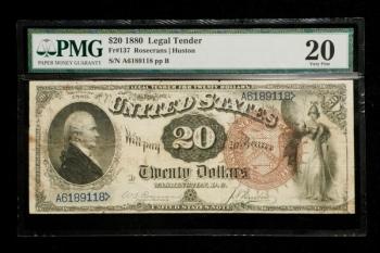 Series 1880 $20.00 bill, with Rosecrans – Huston signatures front. Courtesy of Thomaston Place Auction Galleries