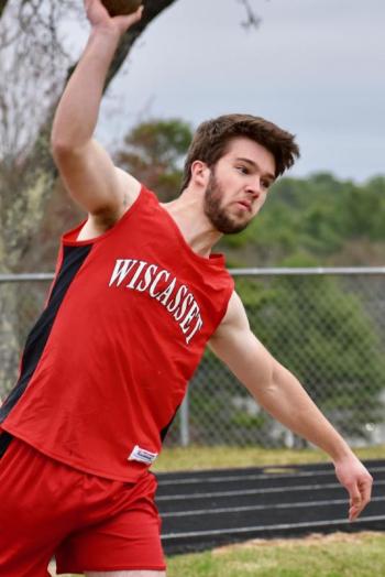 James Hodson, pictured at Monday’s MVC track meet, is throwing the shot put and also playing baseball for the Wolverines this spring. PHIL DI VECE/Wiscasset Newspaper