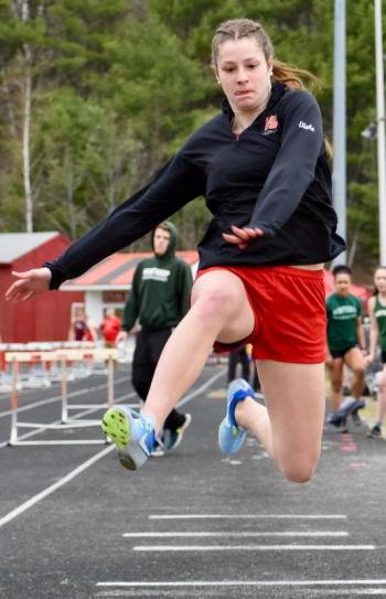 Cara Viele leaped 13’ and placed third in the long jump for WMHS at Monday’s MVC track meet. PHIL DI VECE/Wiscasset Newspaper
