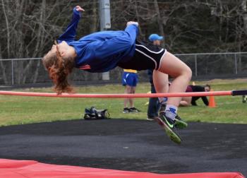 Chop Point’s Josie Harrington cleared a height of five feet winning the high jump in both MVC meets hosted by WMHS this season. PHIL DI VECE/Wiscasset Newspaper
