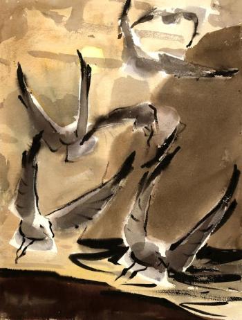 James Fitzgerald’s, “Gulls Over Manana,” watercolor, 24 ½” x 19 ½”. is on display at Wiscasset Bay Gallery. Courtesy of the venue James Fitzgerald