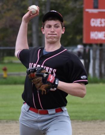 Brian Foye pitched in relief for the Wolverines in the first game of a double header with Dirigo. PHIL DI VECE/Wiscasset Newspaper
