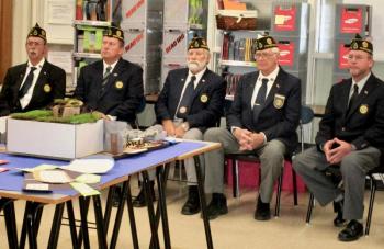 Members of Bradford-Sortwell-Wright Post 54 attending Friday afternoon’s program at WMHS were, from left, John Kennedy, Cliff Hendricks, Wally Pitcher, Commander William Cossette and Neil Page. PHIL DI VECE/Wiscasset Newspaper