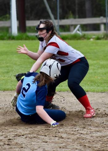 Kelsey Jones applies the tag to Dirigo’s Megan Fletcher at second base. PHIL DI VECE/Wiscasset Newspaper