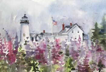 Peggy Farrell’s watercolor painting, “Lighthouse Lupine,” is just one of her coastal scenes on view at the Pemaquid Art Gallery. Courtesy of the venue Peggy Farrell