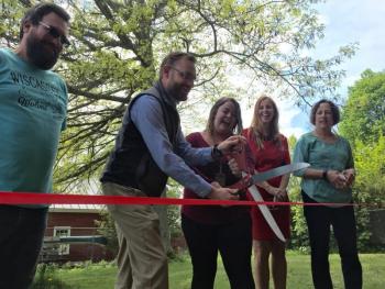From left, project volunteer and School Committee member Jason Putnam, Chewonki Foundation’s educational partnerships director Keith Crowley, WES kindergarten teacher Shania Creamer, Superintendent of Schools Terry Wood and Wiscasset Area Chamber of Commerce President Jean Beattie Flynn cut the ribbon. SUSAN JOHNS/Wiscasset Newspaper