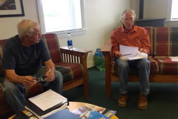 Wiscasset Airport Advisory Committee members Ray Soule, left, and Steve Williams take part in the panel's June 19 meeting. SUSAN JOHNS/Wiscasset Newspaper