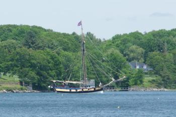 The sloop passes Westport Island. Courtesy of Frank Barnako