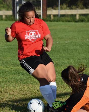 One Wiscasset scoring opportunity came late in the second quarter but Oak Hill’s goal keeper got to the ball before Latisha Wright. PHIL DI VECE/Wiscasset Newspaper