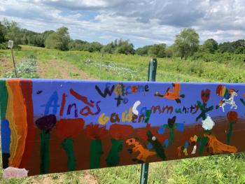 Juniper Hill School students made this sign for the community garden. SUSAN JOHNS/Wiscasset Newspaper