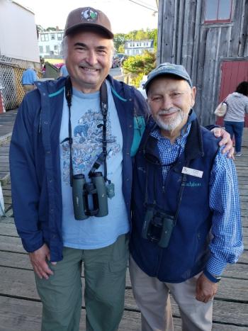 Jeff Wells with long-time friend and Project Puffin founder Dr. Steve Kress, who joined NRCM as narrator for the puffin cruise. Courtesy of Beth Comeau/NRCM Jeff Wells, Steve Kress, Project Puffin