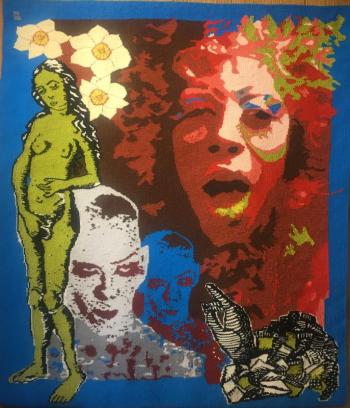 Show co-coordinator Barbara Burns’ “Temptation” - 45.5H X 40”W - wool and cotton tapestry in the “tapestry / the new wave” show in the barn at Down East Gallery in Edgecomb. Barbara Burns