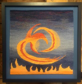 Betsy Wing’s “Firebird” - 18”W X 17.5”H - Cotton warp, wool and silk weft. Betsy Wing