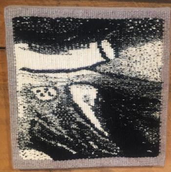 “Chaotic Fragments, Part iV” - Janet Austin - 9”H X 9”W X 1”D - Cotton warp, cotton, wool silk, rayon weft. Janet Austin