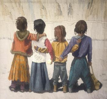 Painter/tapestry artist Eve Pearce’s “Four Girls and an Apple” Tangbe, Mustang, Nepal - 46”H X 50”W - wool warp, wool, cotton weft - is an example of the excellent tapestries in the show at Down East Gallery through Aug. 31. Eve Pearce