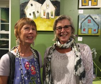 Lucia Droby, left, and longtime friend and artist Kate Nordstrom at the opening reception for Nordstrom’s new exhibition running through mid-October. LISA KRISTOFF/Boothbay Register Kate Nordstrom