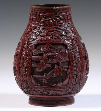 Chinese Qing dynasty bulbous form cinnabar story vase. Courtesy of Carol Achterhof