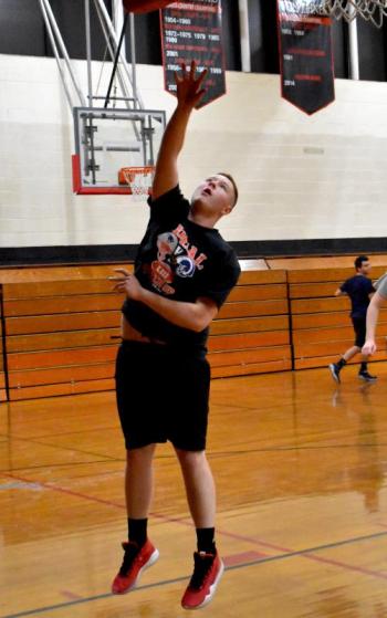 Senior Noah Haggett banks in a layup during practice. Wolverines fans will have their first chance to see the 2019-2020 WMHS basketball team in action at the annual Thanksgiving weekend Alumni Game on Saturday. PHIL DI VECE/Wiscasset Newspaper