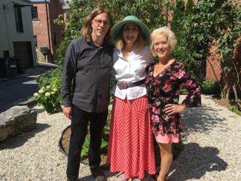 Sandra Dutton, center, with composer-music director Scott Petito and choreographer Rachel Kappell, the team behind the new version of Dutton’s “Just A Matter of Time” musical. The show opens Nov. 14. Courtesy of Sandra Dutton