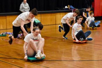 Teams competing in the monkey scooter race were, from
left, Aiden Foley and Gwen Webber, Payton Blagdon, and Connor Robertson and Braden Laliberte and Austin Trask. PHIL DI VECE/Wiscasset Newspaper